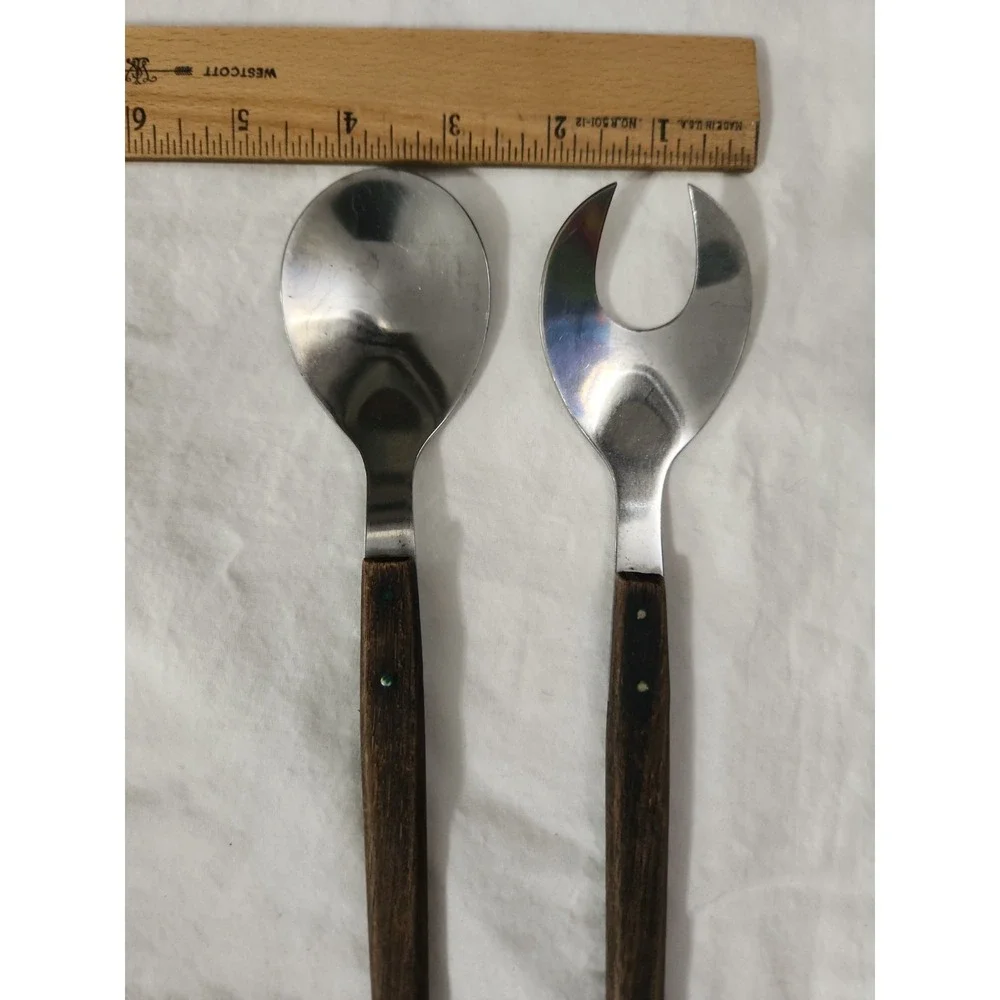 Vintage Mid Century Modern‎ Stainless Steel Wood Handle Salad Serving Set Japan